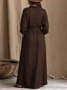 EMERY ROSE Plus Size Women's Collared Long Sleeve Linen Blend Shirt Dress, With Cinched Waist And Side Pockets, Loose Flowy Long Dress, Bohemian Casual Style, Beach Vacation Daily Wear - Coffee Brown - View 2