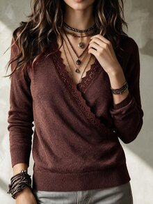 Breezaya V-Neck Patchwork Lace Knit Sweater For Daily, Vacation, Casual, Commute And Date Wear - Coffee Brown - View 3
