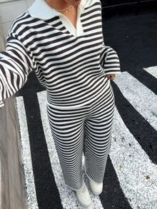 SHEIN 2件組女款針織套裝，法式小眾配色拼接 Polo 領寬鬆慵懶上衣搭配同色寬腿針織長褲，俐落下擺，舒適面料，適合日常休閒、戶外、購物、校園等場合，春秋穿著 - 彩色 - 查看 1