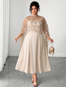 Elenzga Plus Size Women Coffee Brown Autumn/Winter Long Dress, Lace Patchwork Backless A-Line Skirt, Ruffle Hem, Fishbone Pattern Dividing Line, Long Train, Suitable For Party, Halloween, Various Events - Apricot - View 1