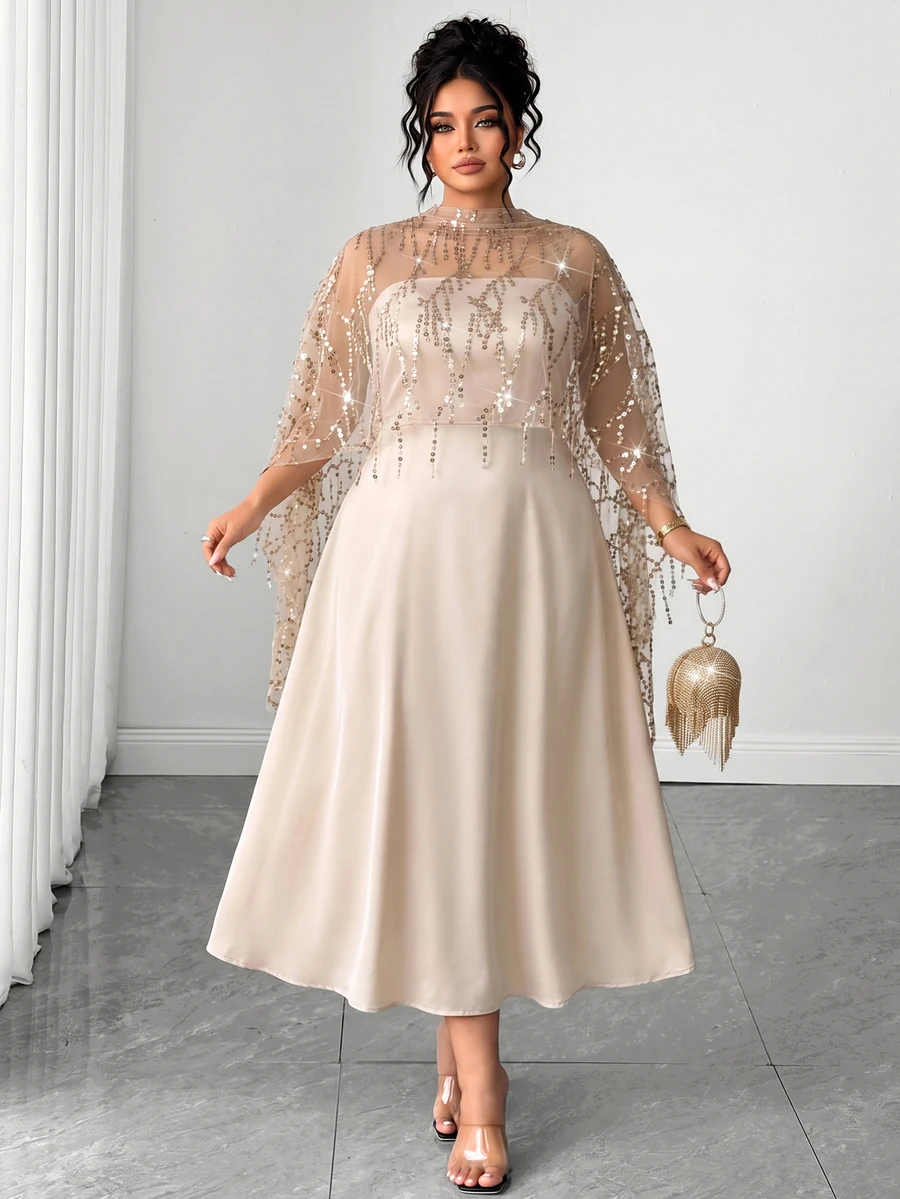 Elenzga Plus Size Women Coffee Brown Autumn/Winter Long Dress, Lace Patchwork Backless A-Line Skirt, Ruffle Hem, Fishbone Pattern Dividing Line, Long Train, Suitable For Party, Halloween, Various Events - Apricot - View 1