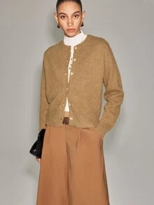 Anewsta Essential Autumn/Winter New Mohair Solid Color Long Sleeve Single-Breasted Knit Cardigan - Camel - View 4