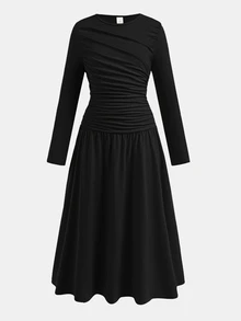 SHEIN Tween Girl Brown Long Kids Sleeve A Line Dress Everyday Casual Round Neck Flared Polyester Ruched Elegant - Black - View 3
