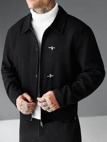 Manfinity Roughcore Men's Long Sleeve Casual Overcoat With Airplane Buckle Placket - Black - View 5