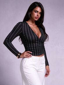 Nooralise Black And White Striped Deep V-Neck Cinched Waist Slim Fit Draped Long Sleeve Top - Black - View 4