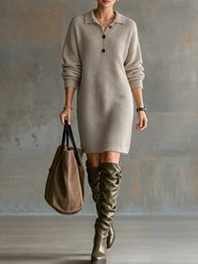 Wandoria Women's Solid Color Drop Shoulder Long Sleeve Button Half-Placket Casual Knit Dress - Khaki - View 4