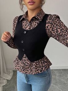 Elenzga Women's Leopard Print Colorblock Casual Daily Wear Top - Multicolor - View 4