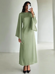 Aloruh 女款優雅棕色緞面派對晚宴禮服，秋季長袖露肩綁腰抓皺不對稱假日用餐洋裝，適用場合，AI-Adha - 綠色 - 查看 5