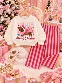 SHEIN Playful Pals 嬰兒/幼兒(女款)T恤套裝，身上印有可愛聖誕臘腸狗圖案，小狗戴著聖誕帽，搭配聖誕樹、愛心和雪花元素，下方印有紅色「Merry Christmas」文字，羅紋袖口，紅粉色垂直條紋長褲 - 彩色 - 查看 5