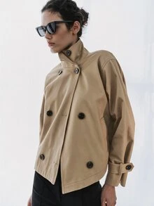 MOTF PREMIUM URBAN CHIC, 100% COTTON MILITARY STYLE STAND COLLAR SHORT TRENCH COAT, FALL WINTER - Khaki - View 5