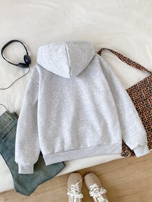 SHEIN 青少年女孩休閒灰色連帽棉絨抓絨衛衣，寬鬆版型豹紋印花套頭上衣，百搭日常秋冬新款 - 灰色 - 查看 2