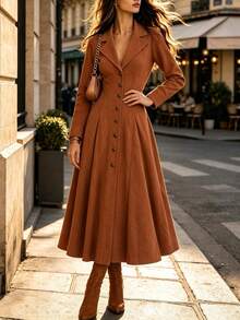 INAWLY Women's Fashionable Personalized Casual Vacation Style Lapel Neck Long Coat - Brown - View 6