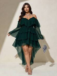Viva Relle Plus Size Sexy Cold Shoulder Spaghetti Strap Front Short Back Long Burgundy Dress Fall - Dark Green - View 5