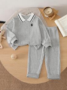 Young Boys 2pcs Ribbed Knit Outfit, Contrast Striped Collar Long Sleeve Top & Elastic Pants, Letter - Green - View 6