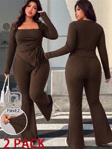 Muchica Plus Size Women Solid Color Square Neck Pleated Long Sleeve Top And Flare Pants Casual Daily 2 Pieces Set Fall - Chocolate Brown - View 1
