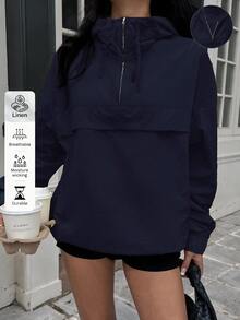 SHEIN EZwear 黑色連帽防風夾克，落肩設計，半透明梭織面料，四分之一拉鍊套頭式女款連帽衫，秋季女款連帽衫 - 藏蓝色 - 查看 3
