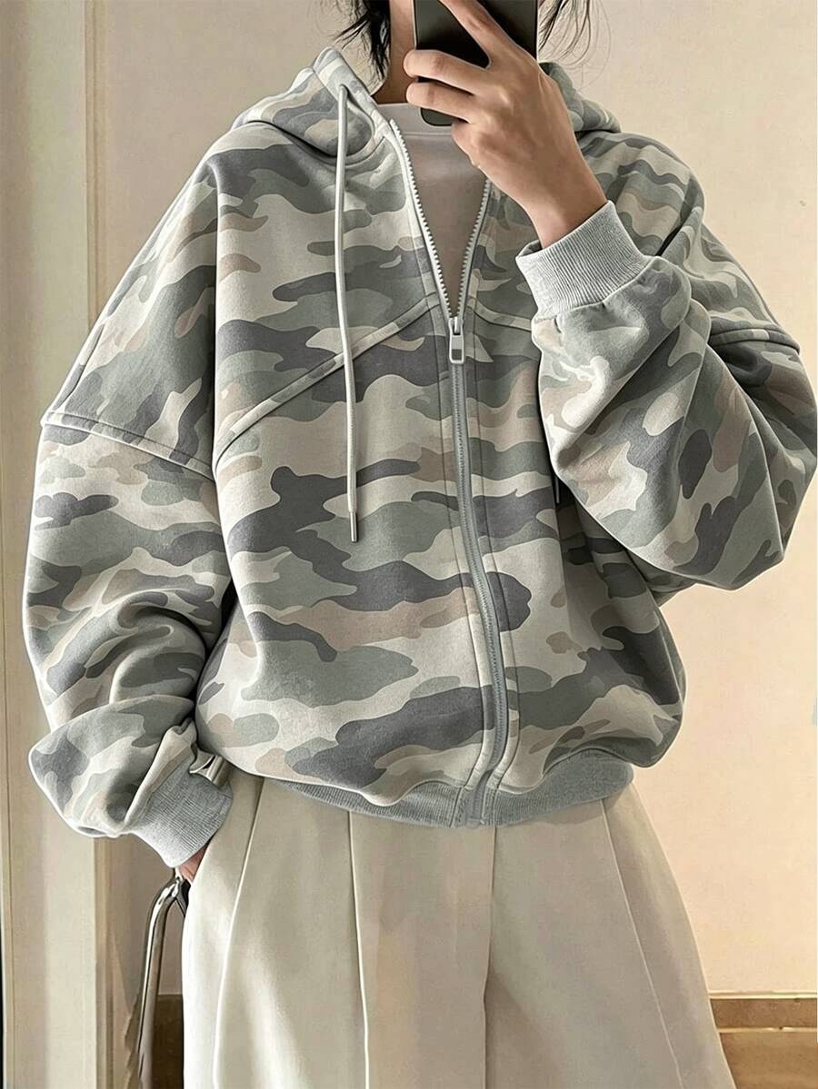 INAWLY 女款迷彩落肩長袖拉鍊休閒抽繩連帽衛衣 - 彩色 - 查看 1