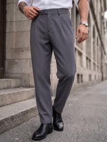 Manfinity CasualCool Men's Pleated Straight Leg Dress Pants With Side Pockets For Office And Commuting - Dark Grey - View 1