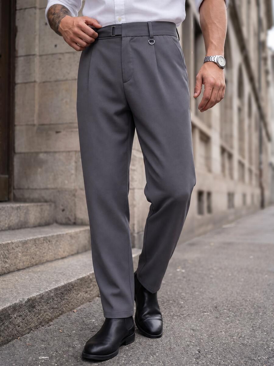 Manfinity CasualCool Men's Pleated Straight Leg Dress Pants With Side Pockets For Office And Commuting - Dark Grey - View 1