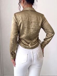 SHEIN Elenzya Women's Metal Texture Button Waist Tie Blouse - Gold - View 2