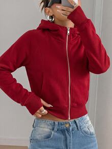 SHEIN EZwear 女款純色極簡運動休閒寬鬆連帽衛衣，適合畢業、機場、返校穿搭，教師秋季灰色上衣 - 酒紅色 - 查看 6