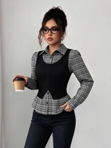 Elenzga 女款棕色格紋拼接羅紋布料翻領收腰設計 2 合 1 優雅教師穿搭，適用日、Cyber Monday、萬聖節、單身派對、平安夜、聖誕節、感恩節，秋季襯衫上衣服飾，新款必備時尚單品，小眾設計，百搭風格 - 黑色 - 查看 3