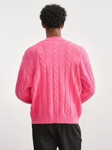 TOKVUE Cardigan Kasual Pria Lengan Panjang Rajut Kabel Kancing Tunggal - Hot Pink - View 2