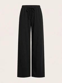 SHEIN EZwear 2色女款抽繩腰寬鬆休閒基礎寬腿居家舒適長褲，秋季女裝，巧克力棕、灰色 - 黑色 - 查看 4