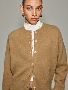 Anewsta Essential Autumn/Winter New Mohair Solid Color Long Sleeve Single-Breasted Knit Cardigan - Camel - View 6