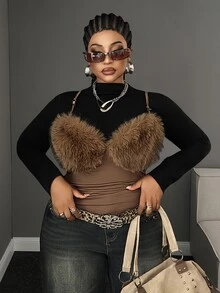 Maweii Plus Size Sleeveless Fur Trim Sexy Camisole Tank Top - Brown - View 2