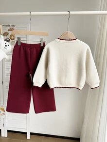 SHEIN 2026 春/秋新款 4-7 歲女童毛衣套裝，2 件套，適合休閒外出、週末家庭聚會和學校活動 - 紅色 - 查看 2