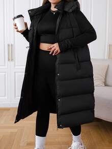 SHEIN EZwear 大尺碼長版連帽冬季背心外套 秋季 - 黑色 - 查看 8