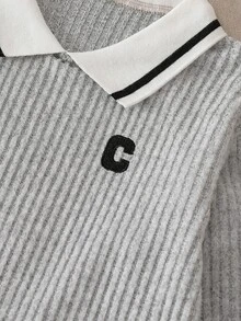 Young Boys 2pcs Ribbed Knit Outfit, Contrast Striped Collar Long Sleeve Top & Elastic Pants, Letter - Green - View 8