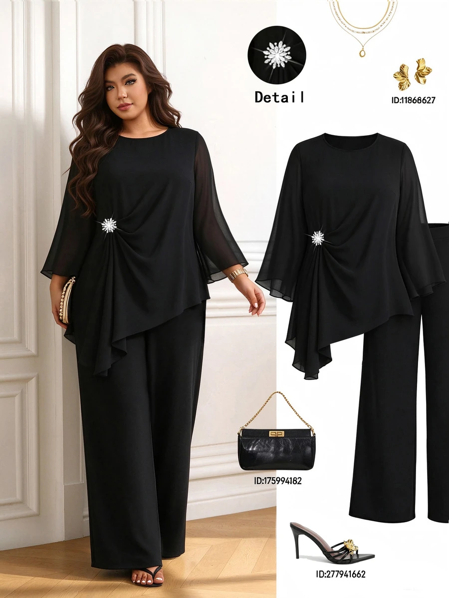 Femmeverse Women's Plus Size New 2 Pieces Set - Asymmetrical Hem Metal Button Decor Top And Loose Long Pants, Elegant Lady Style, Suitable For Autumn Party Wear - Black - View 1