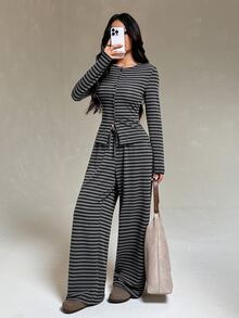 SHEIN PETITE Bộ 2 món gồm áo kẻ sọc xám và quần dài cho phụ nữ dáng nhỏ (Thu/Đông) - Xám - Xem 1