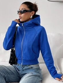 SHEIN EZwear 女款純色極簡運動休閒寬鬆連帽衛衣，適合畢業季、機場、開學穿搭，教師秋季灰色款 - 寶藍色 - 查看 1
