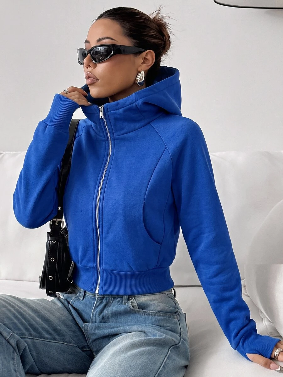 SHEIN EZwear 女款純色極簡運動休閒寬鬆連帽衛衣,適合畢業季、機場、開學穿搭,教師秋季灰色款 - 寶藍色 - 查看 1