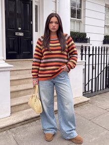 Comfortcana Plus Size Burnt Orange Striped Pattern Raglan Sleeve Sweater Halloween Thanksgiving Formal Graduation Vacation Autumn Retro Casual 80s - Multicolor - View 3