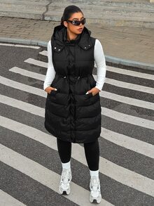 SHEIN EZwear 大尺碼長版連帽冬季背心外套 秋季 - 黑色 - 查看 4