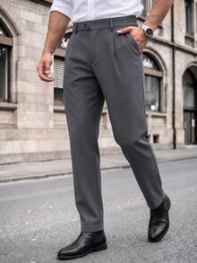 Manfinity CasualCool Men's Pleated Straight Leg Dress Pants With Side Pockets For Office And Commuting - Dark Grey - View 4