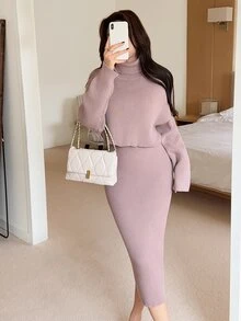 Feyla Women's Ribbed Fitted Knit Dress & High Neck Long Sleeve Sweater 2 Pieces Set - Khaki - View 1