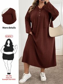 SHEIN CURVE+ 女款大尺碼 22W 連帽長洋裝，秋冬季 - 咖啡棕 - 查看 1
