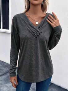 SHEIN LUNE 女款V領百褶鈕扣裝飾休閒T恤秋季女裝 - 深灰色 - 查看 5