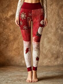 INAWLY Women's Fashionable Personalized Snowman Print Sports Long Pants - Red - View 3