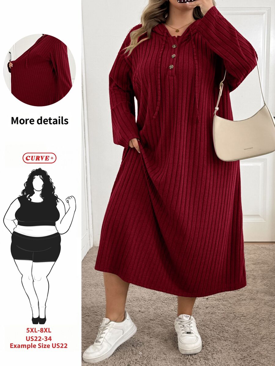 SHEIN CURVE+ 女款大尺碼 22W 連帽長洋裝,秋冬季 - 酒紅色 - 查看 1