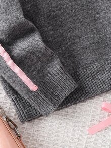 SHEIN Young Girl Solid Color Kids Knit Round Neck Bow Pattern Loose Casual Autumn Top And Fitted Flared Long Pants Sweater Set 2pcs - Grey - View 4