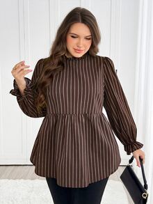 Easowa Curve Plus Size Minimalist Striped Colorblock Vacation Shirt - Mocha Brown - View 3