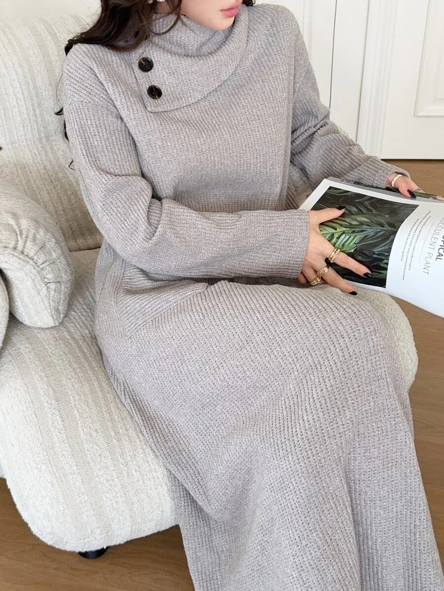 Feyla Elegant Women's Full Length Knit Dress With Button Detail Cowl Neck And Pockets For Autumn Winter - Khaki - View 1