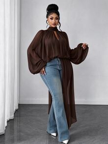 Maweii Plus Size Sexy Design Pleated Long Sleeve Blouse - Rust Brown - View 5