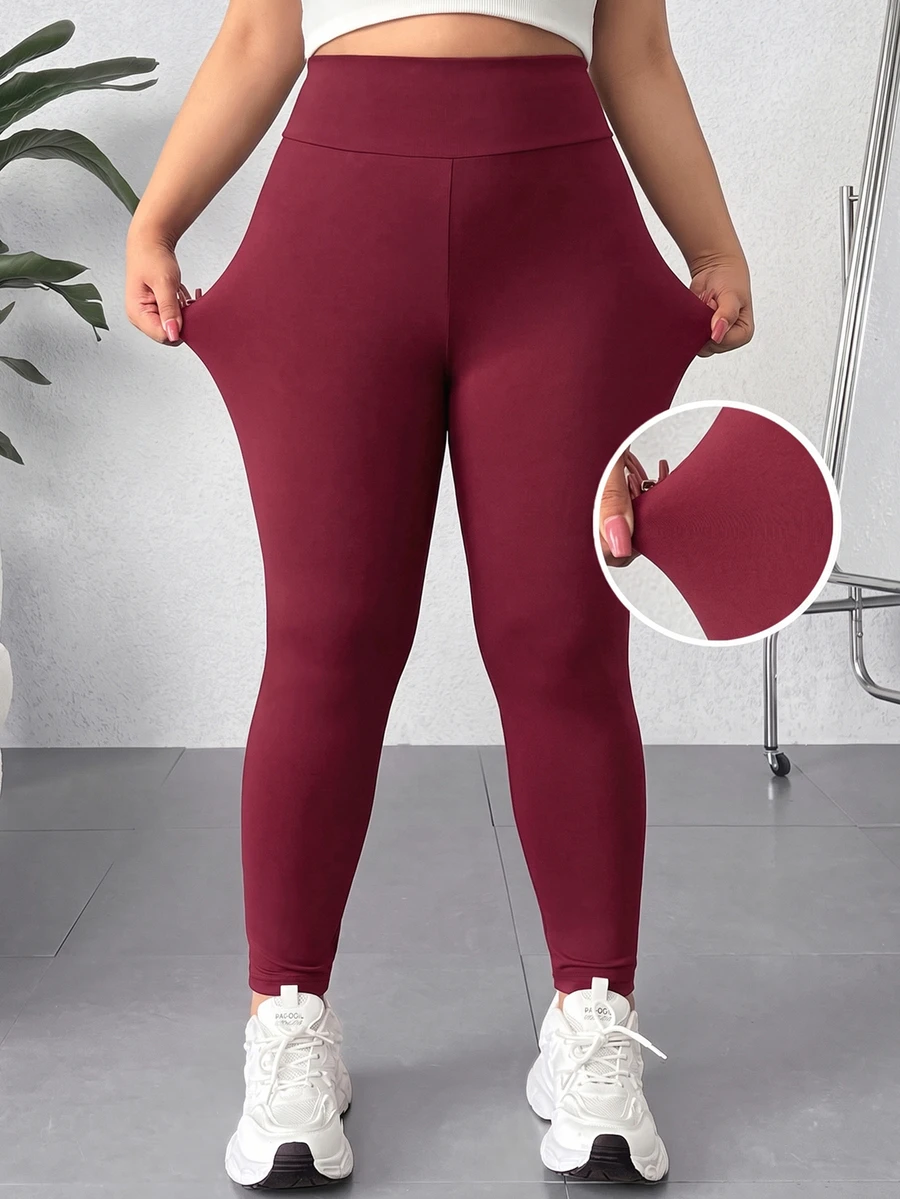 SHEIN EZwear 大尺碼純色彈性高腰緊身褲 健身 正式 度假 黑色 夏季 休閒 俐落 寬鬆 - 酒紅色 - 查看 1